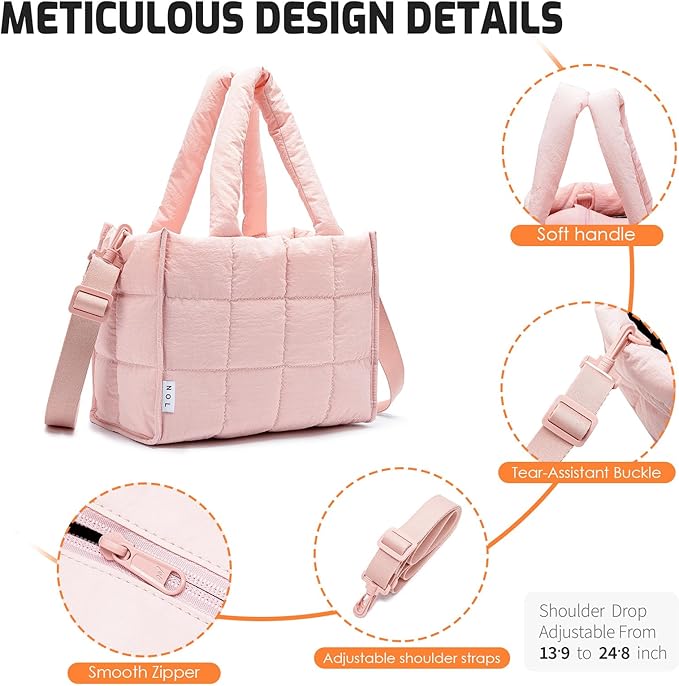 NOL Natural Organic Lifestyle Women's Nylon Lunch Cooler Quilted Tote Bag Puffy Insulated Lunch Bag for Women, Lightweight Waterproof Lunch Box for Work, Picnic, Outdoors,Pink