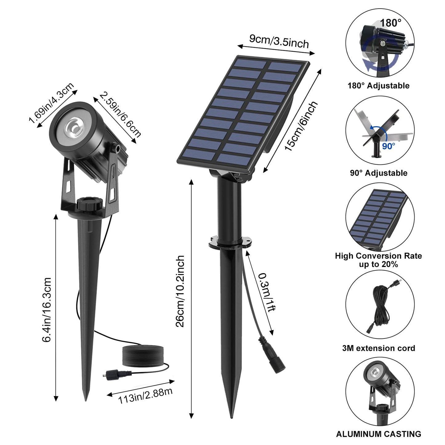 T-SUNUS Solar Landscape Spotlights, IP65 Waterproof, 2000mAh Solar Panel, 9.8ft Cable, Warm White 3000K, Aluminum, Yellow