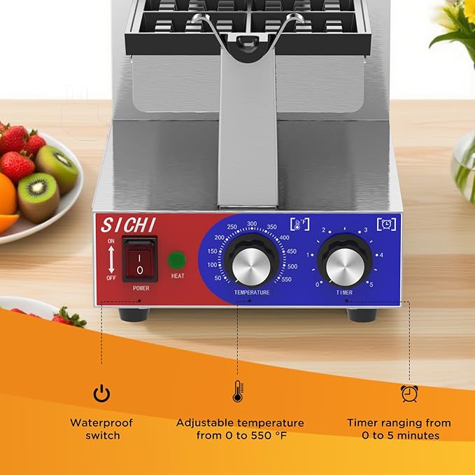 Commercial Waffle Maker -Belgian Waffle Maker w/Non-stick Baking Pan and 550℉ Heating, 1200W Rotating Waffle Iron for 1.2" Thick, Stainless Steel Square Waffle Machine for Hotel Restaurant
