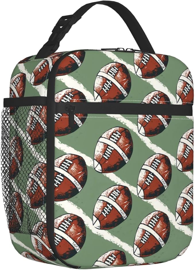 Football Lunch Box for Players,Adults,Men,Sport Ball and Green Background Insulated Lunchbox,Leakproof Tote Bag,Reusable Cooler Bags for Work,Picnic,Office,Travel,Athletic Lunchbag Gifts