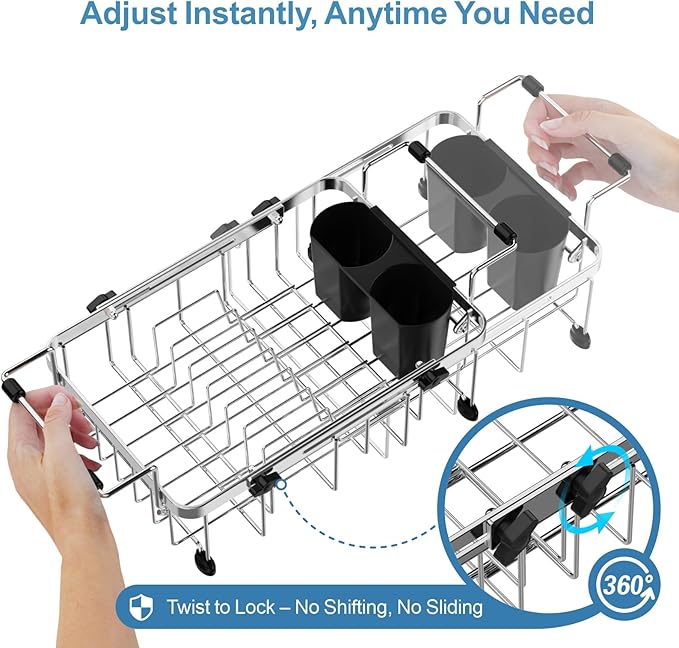 GSlife Small Sink Dish Drying Rack - Stainless Steel Capacity Extendable Narrow Dish Drainer for RV Sink Apartment Kitchen, 11.9"-16.7" L x 9" W x 5.7" H, Silver