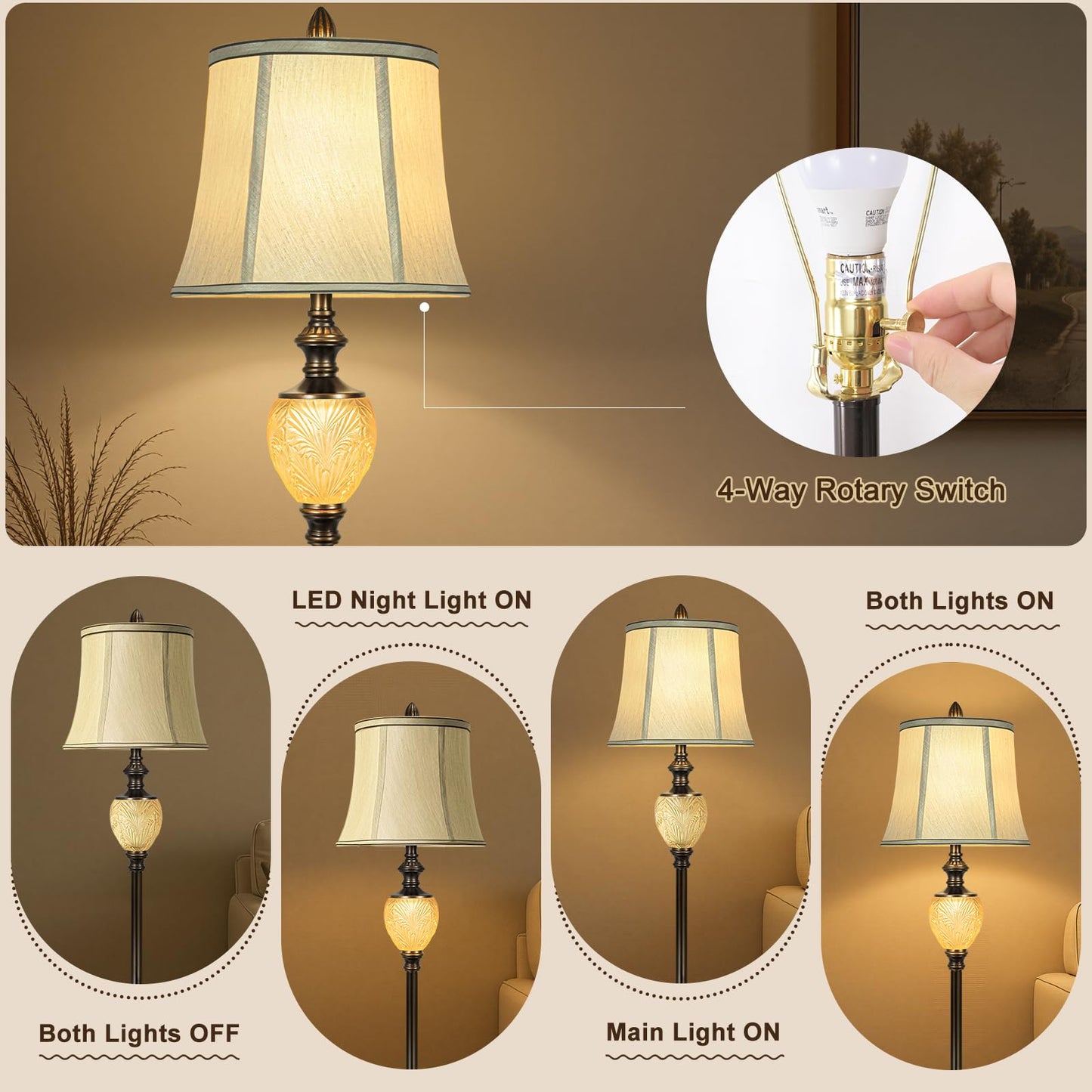 LuxSight Vintage Floor Lamp, 64in Tall, Dark Bronze, Beige Faux Silk Shade, Rotary Switch, Model PL8018-FLNO