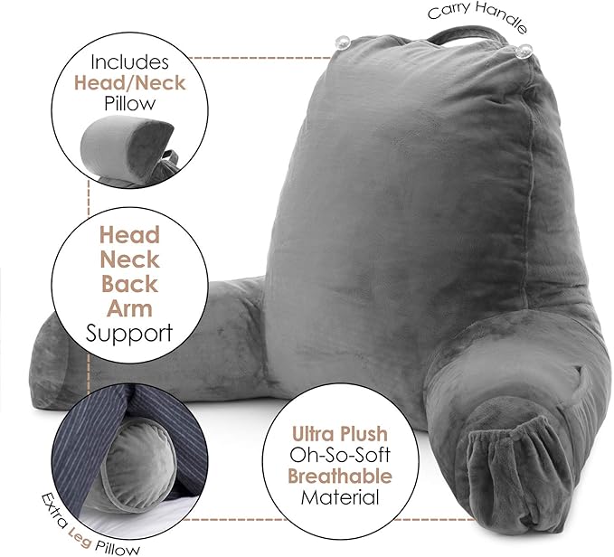 Nestl Reading Pillow Large Bed Pillow, Back Pillow for Sitting in Bed Shredded Memory Foam Chair Pillow, Reading & Bed Rest Pillows Grey Back Pillow for Bed, Bed Chair Arm Pillow with Pockets