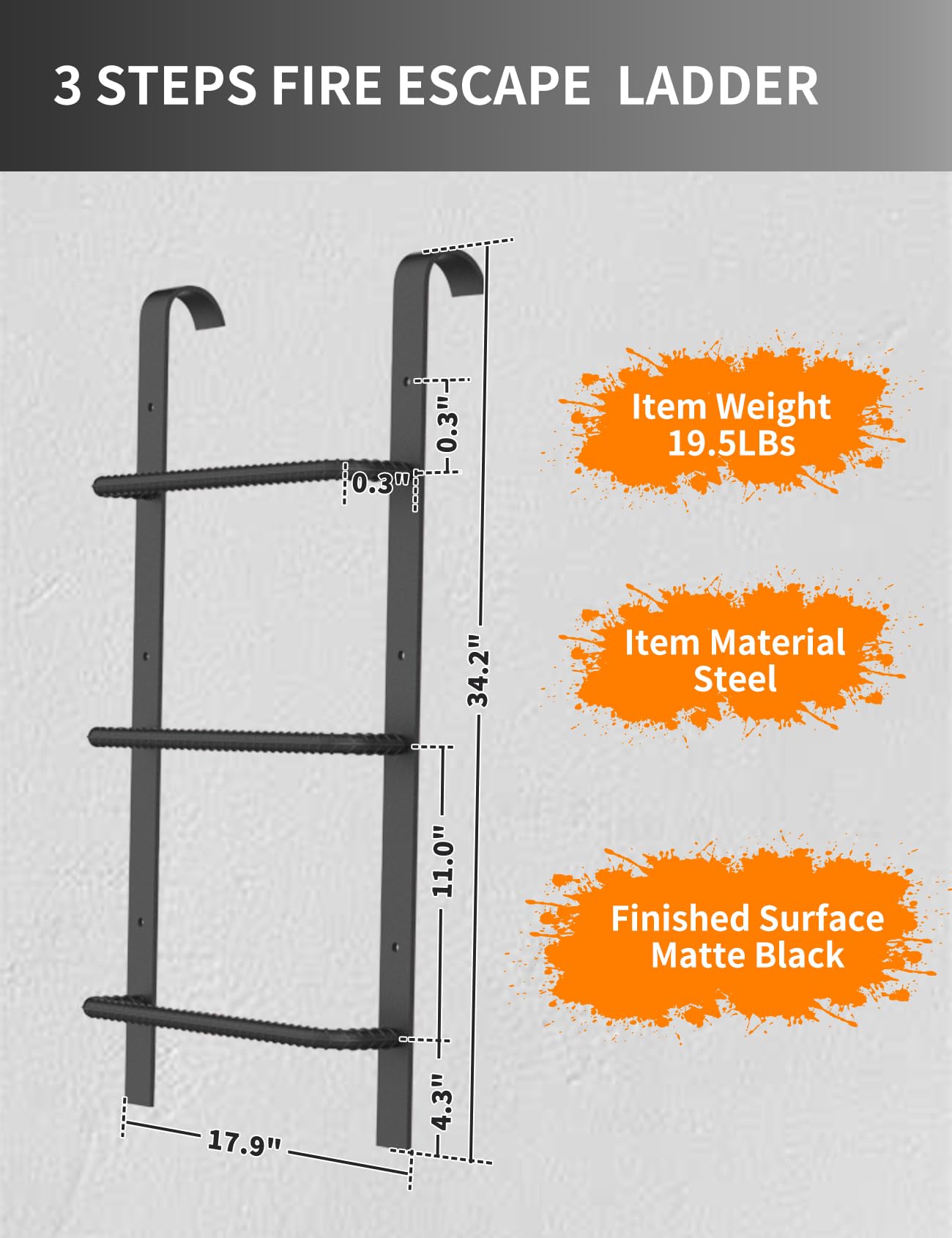 3-Rung Window Well Ladder, Heavy Duty Steel Basement Egress, Fire Escape Ladder for Emergency Home Safety(34.2" Lx17.9 W, Hooked, Matte Black)