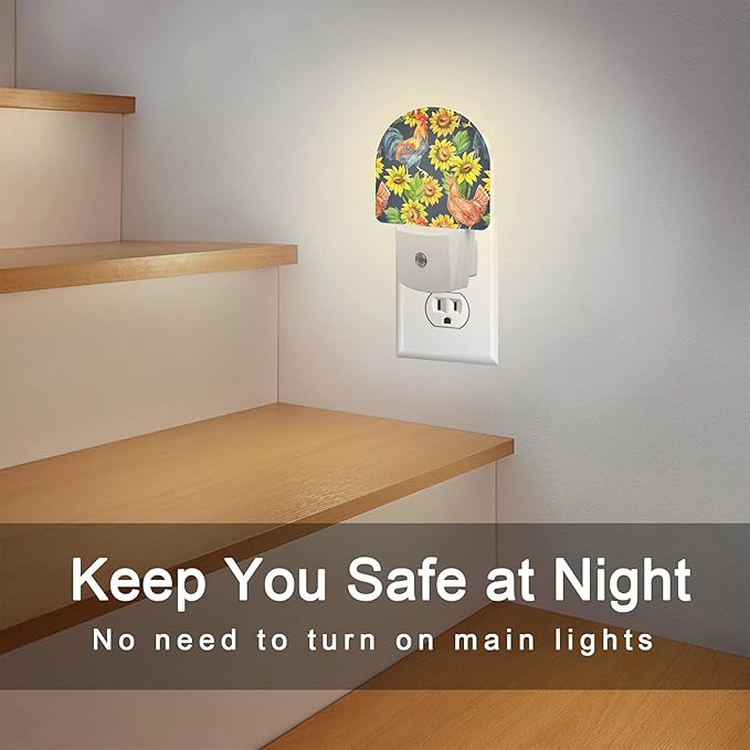 Vintage Hen Rooster with Sunflowers Night Light, Watercolor Farm Animals Floral Dusk to Dawn Night Light Plug in,0.5w Energy Saving Sleep Friendly NightLight for Kids Boys Girls Home Decor