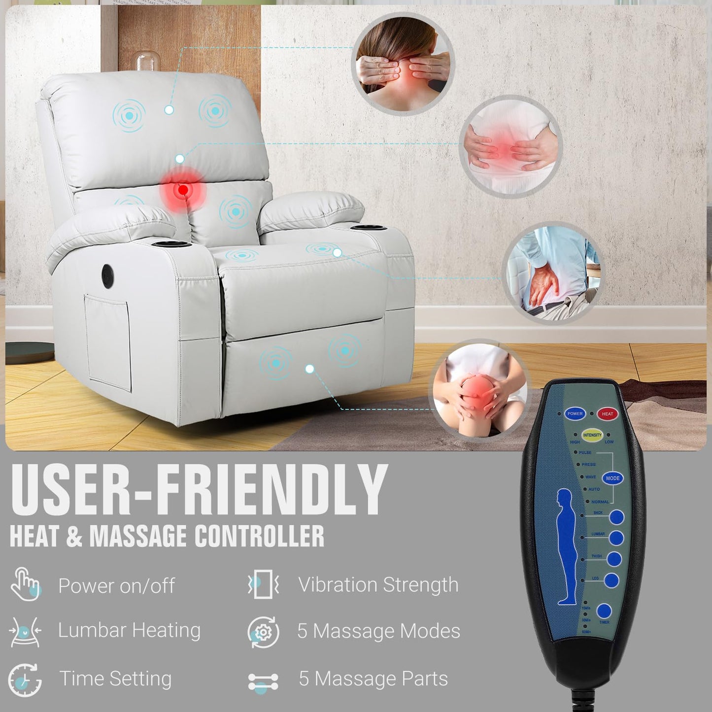 LAFWELL Rocking Recliner Chair, Massage Rocker Recliner Chair with Vibration Massage and Heat, USB and Type-C Ports,360° Swivel Faux Leather Chairs, Living Room, Bedroom, Nursery, RV, Light Grey