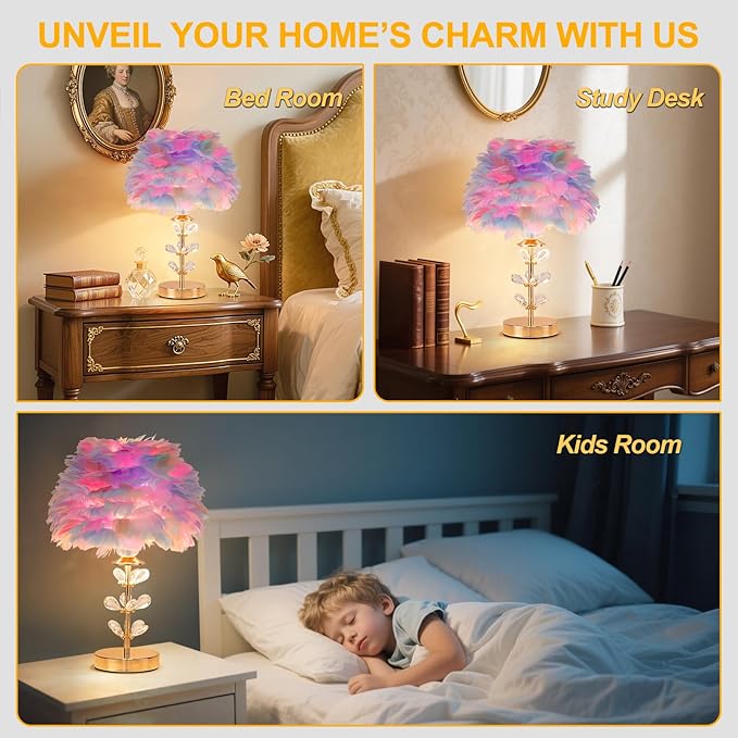 Colorful Feather Lamp Creative Furry Table Lamp Modern Feather Desk Lights Romantic Princess Bedside Nightstand Light for Teen Girls Bedroom Living Room Wedding Entryway Office