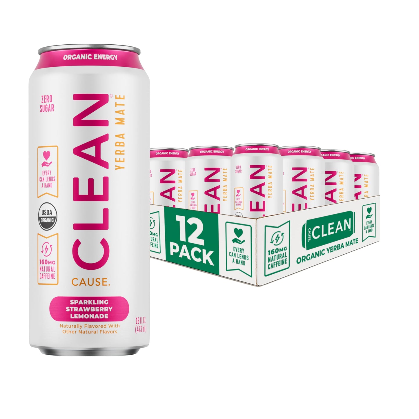 NEW CLEAN Cause Zero Sugar Strawberry Lemonade Yerba Mate Tea Sparkling  USDA Organic Energy Drink Alternative  Zero Calorie  160mg Natural Caffeine  Soda Alternative (16oz cans  12-Pack Case)