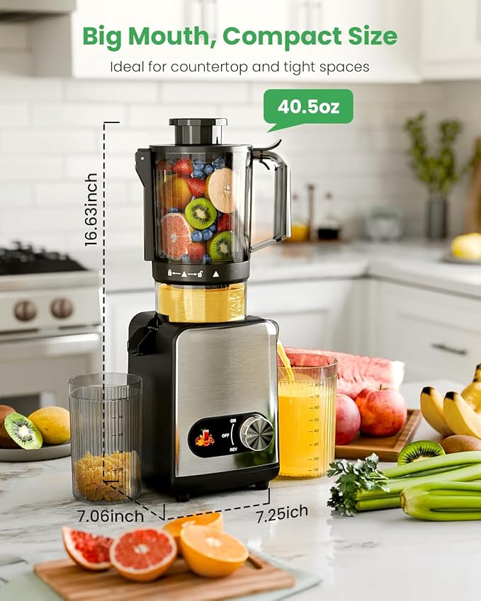 Kismile Cold Press Juicer, Slow Masticating Juicer Machines Vegetable and Fruit, Electric Juicers Juice Maker with Reverse Function, Stainless Steel Juicer Easy to Clean, 4.35" Wide Feed Chute