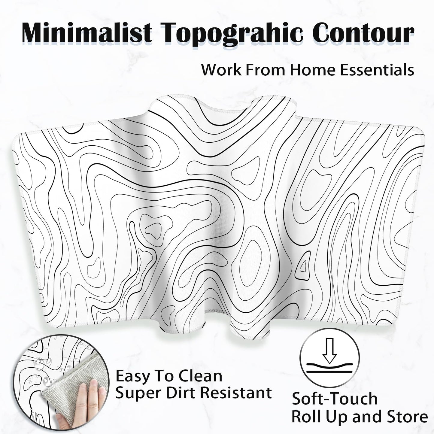 Topographic Mouse Pad XL - Large Extended Desk Mat for Gaming, Black and White Minimalist Keyboard Pad for Office & Home