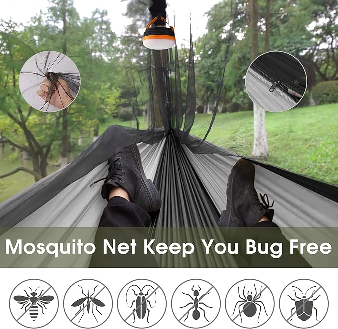 G4Free Large Camping Hammock with Mosquito Net 2 Person Pop-up Parachute Lightweight Hanging Hammocks Tree Straps Swing Bed for Outdoor Backpacking Backyard Hiking