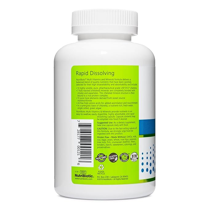 NutriBiotic – Multi Vitamins & Minerals, 180 Ct Capsules (Formerly Hypoallergenic Multiple) | 72 Pure Trace Elements in a Base of Chlorella | Pharmaceutical-Grade & Highly Absorbable | Gluten Free