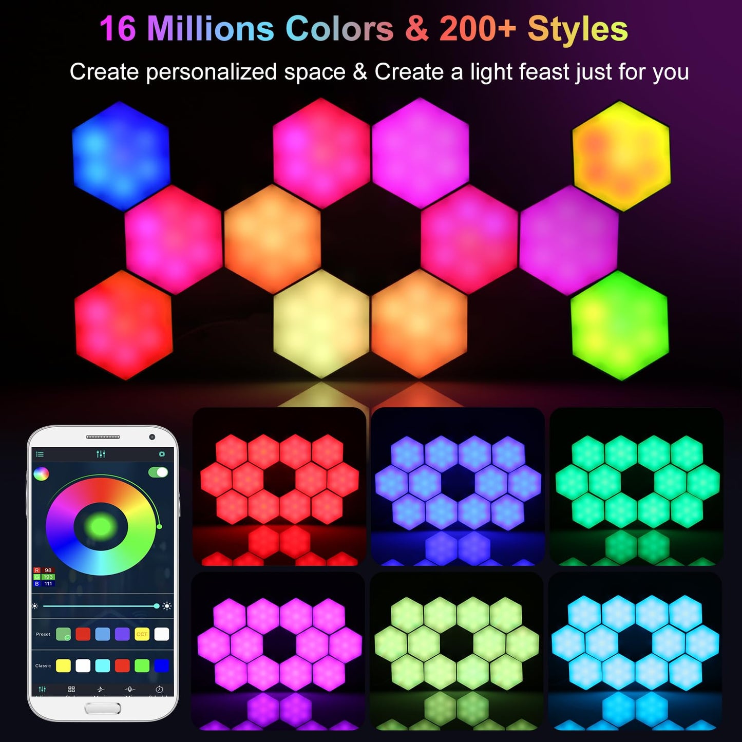 Neoglint 12 Pack Hexagon Lights - RGB Led Hex Lights for Wall with Smart APP Remote Control & Music Sync, Led Wall Decor for Gaming Room, Bedroom, Living Room