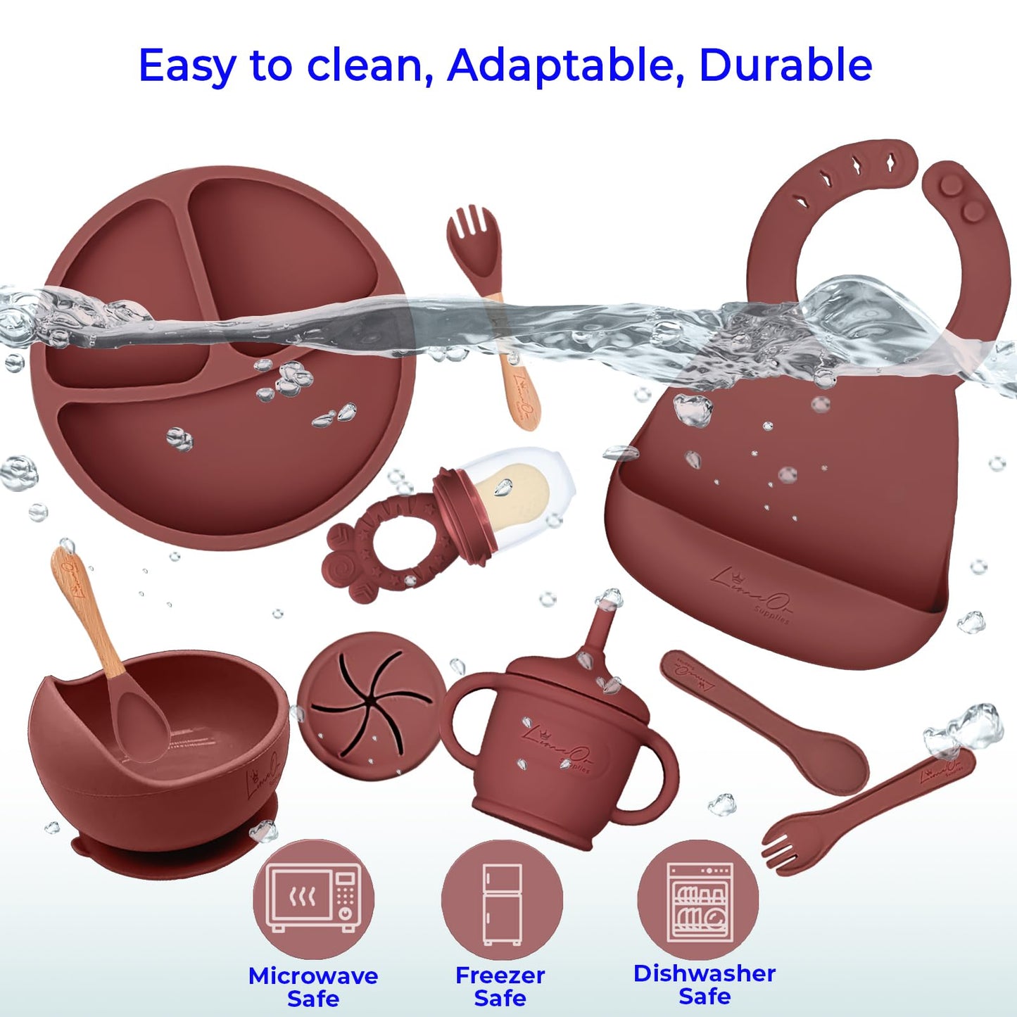 Silicone Baby Feeding Set – 10 Pcs Baby Led Weaning Supplies & Self Feeding Kit | Toddler Plates and Bowls Set, Bib, Fruit Feeder, Cup, Spoons & Forks – Empower Independence with LimOr - Red-Wine