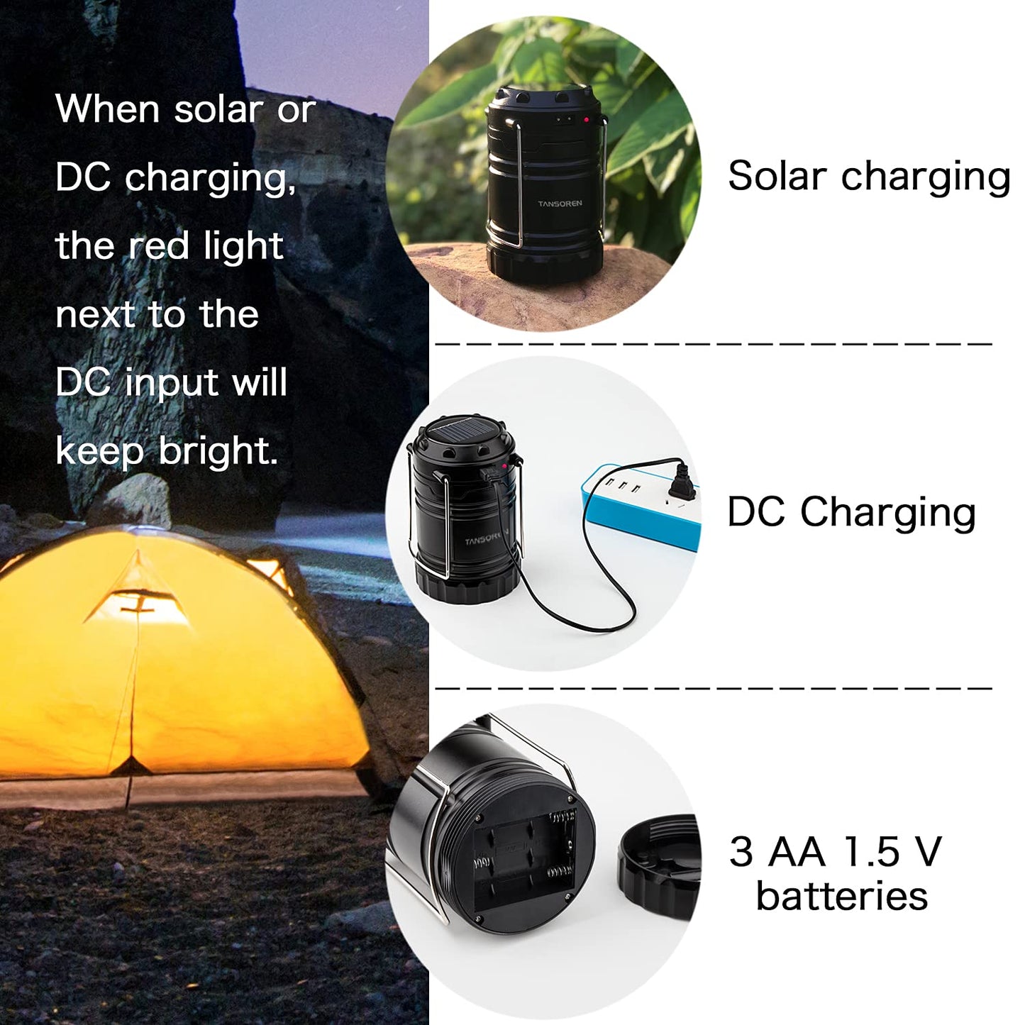 TANSOREN 4 Pack Solar USB Rechargeable COB LED Camping Lantern, Magnetic Base, Waterproof, Black, Model: model-d-64