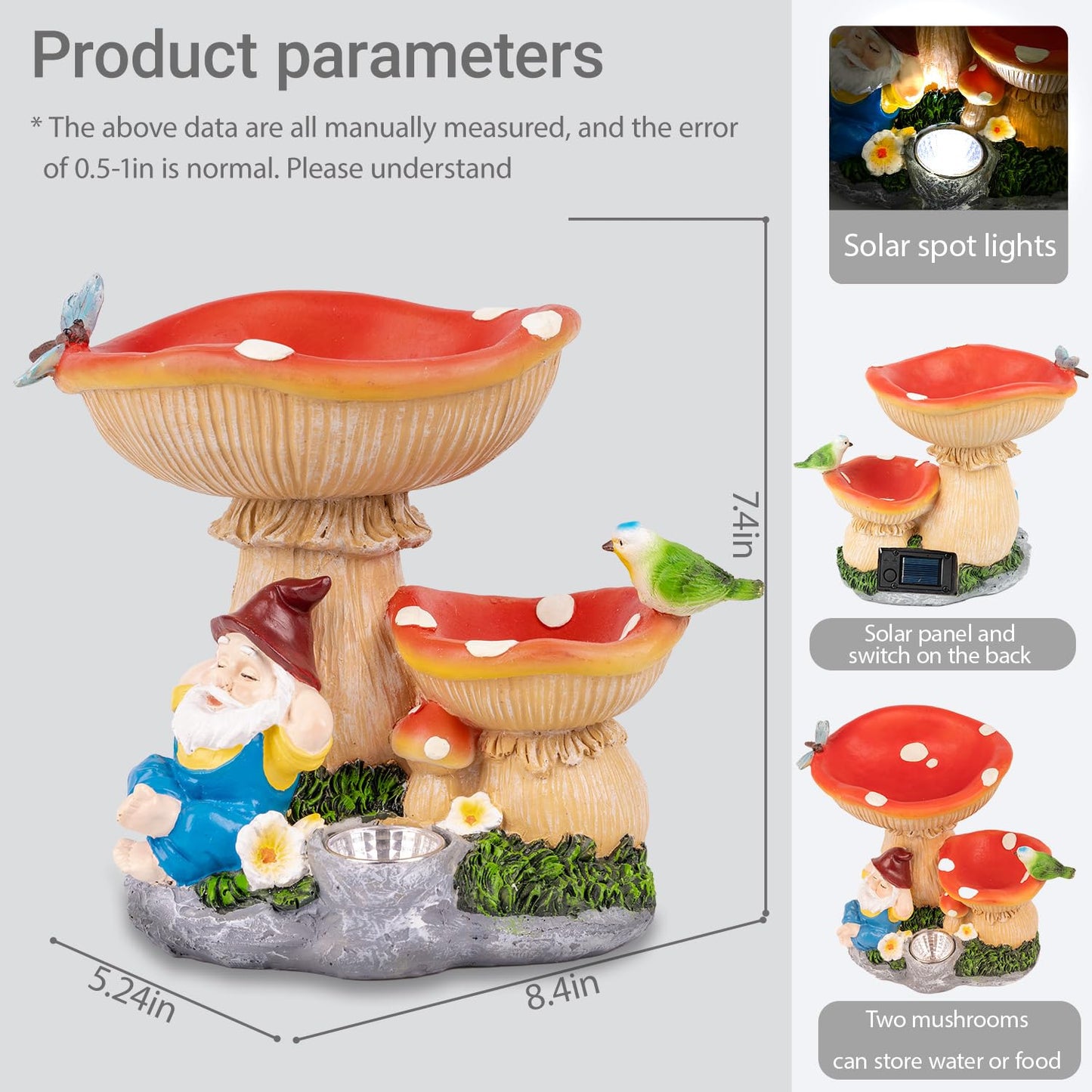 TIJNN Solar Gnome Statue with LED Lights, 7.4in Plastic Garden Decor, Gnome Beneath a Mushroom, Model TIJDX-001