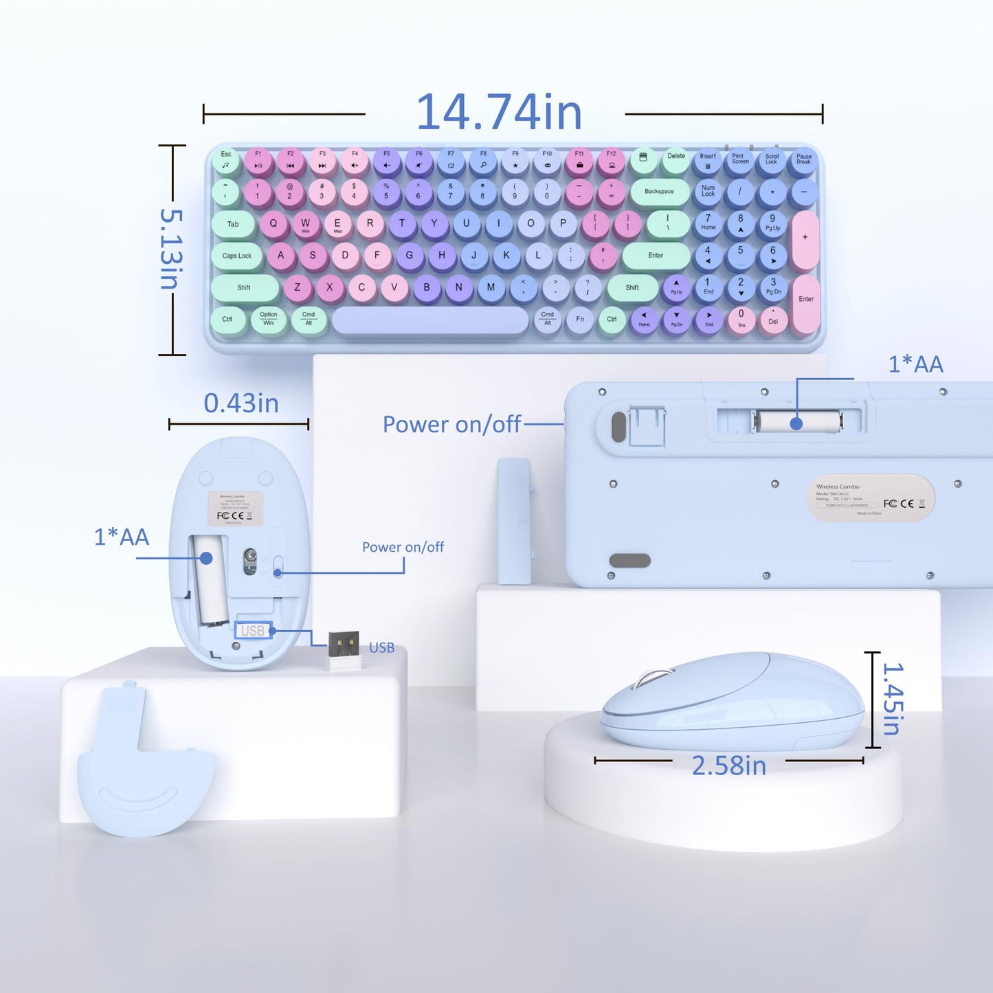 Links9+ Colorful Wireless Keyboard Mouse Combo, Gradient Rainbow Colors 100 Keys And 2.4Ghz Optical Mouse Connection For Windows