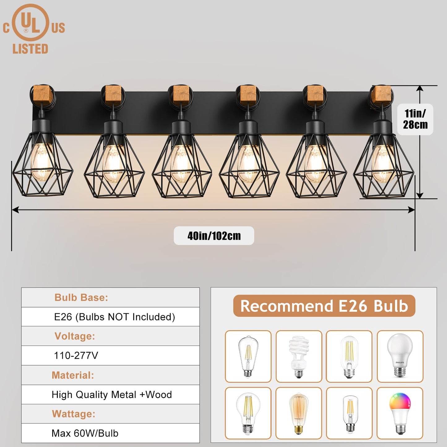 Izorro Farmhouse Bathroom Vanity Light Fixtures  6-Light Wood Bathroom Lighting Fixtures Over Mirror  Black Rustic Industrial Sconces Wall Lights With Metal Lampshade For Living Room  Bedroom