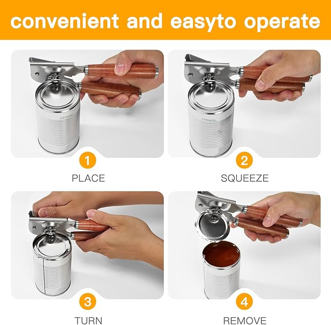 Upgraded Efficient Manual Can Opener - Selected Solid Wood Handle, Sharp and Smooth Blade Edge, Portable Design, Easy-Open Large Knob, Versatile for Various Bottle Caps（Rosewood）