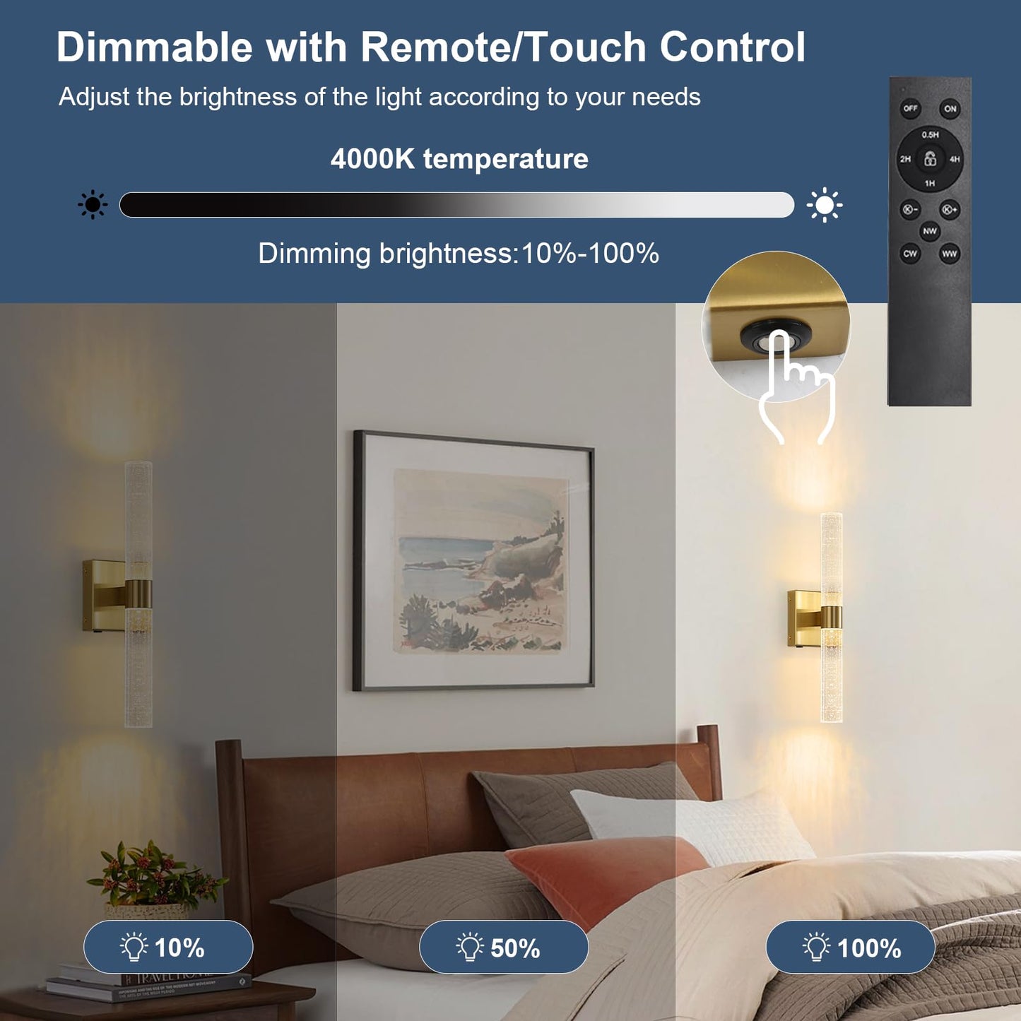 HONGREN Wall Sconces Set of Two - 17 Inch Gold LED Dimmable Battery Operated Light with Remote Control