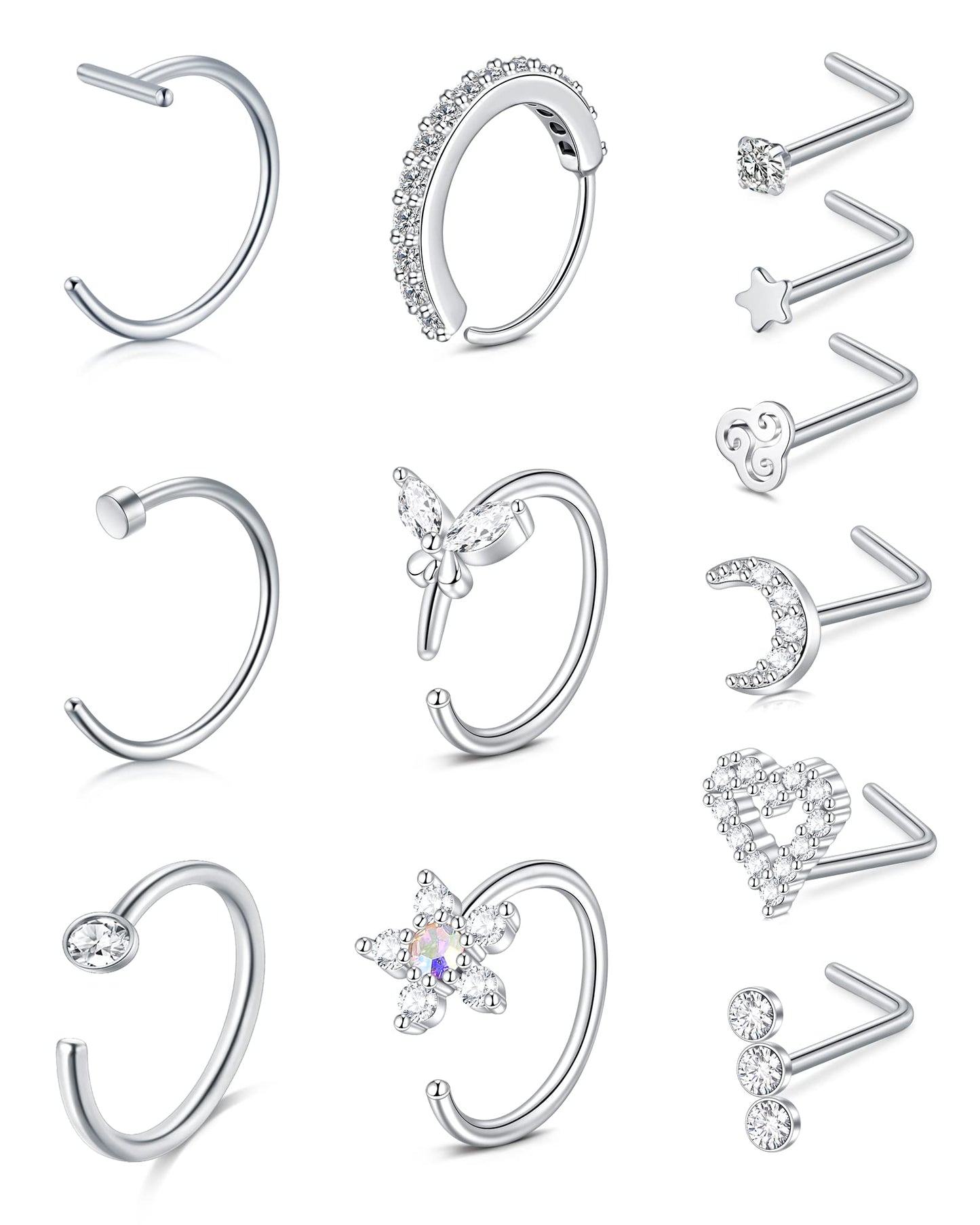 Anicina Nose Rings 18G Nose Rings Hoops Surgical Steel Nose Piercing Kit L Shape Nose Studs for Women CZ Heart Moon nose piercin