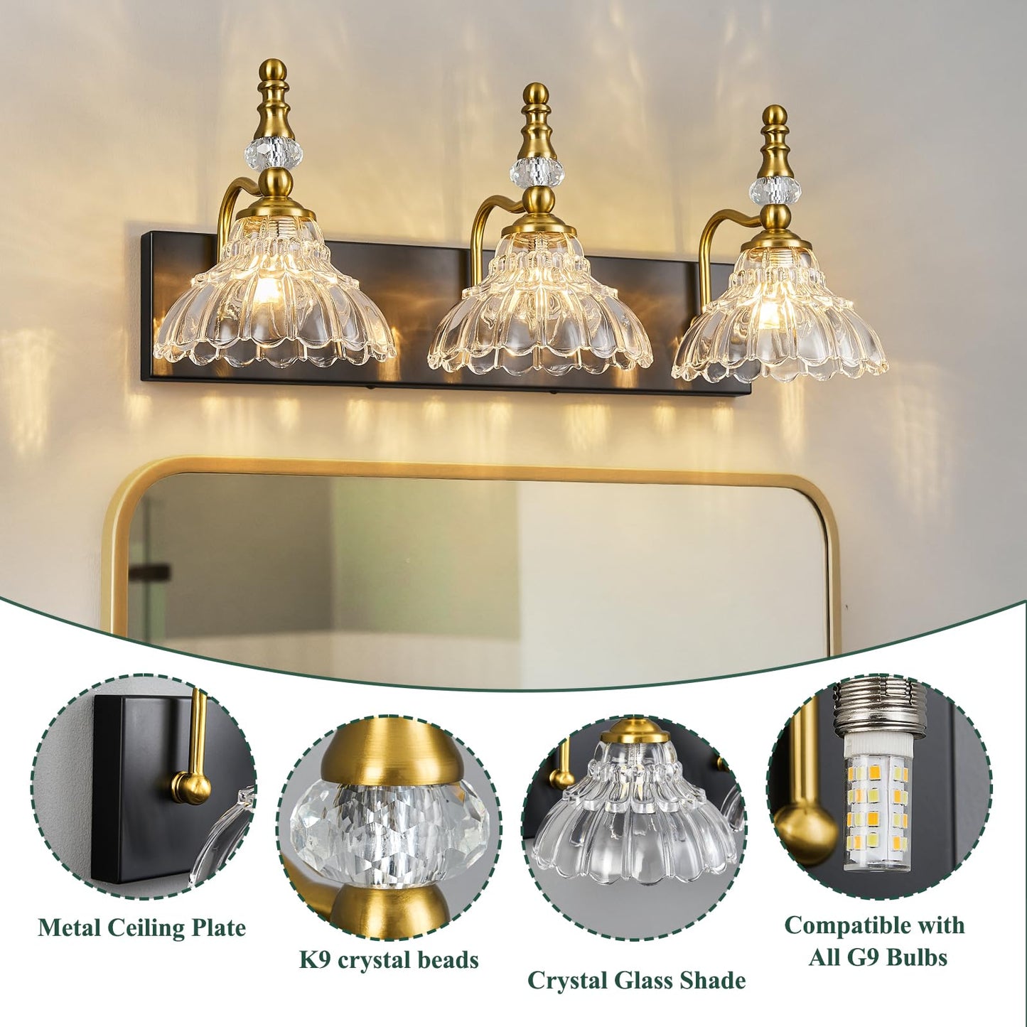 Lbsqj Vintage Bathroom Vanity Light  3-Light Black Gold Vanity Lighting Fixture With Flower Glass Shade  Bathroom Lighting Fixtures Over Mirror