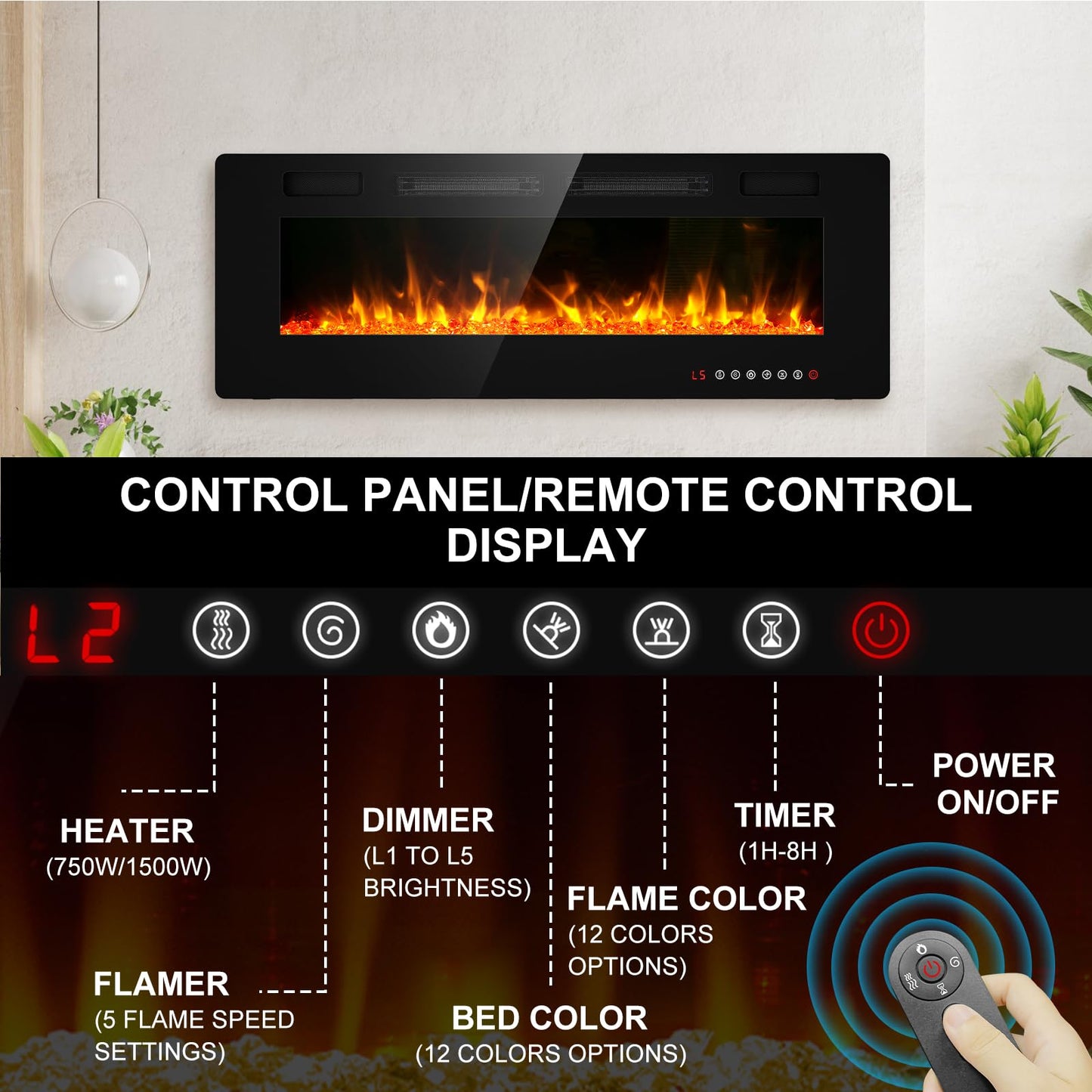 50 Ultra Thin Electric Fireplace, Wall Mounted & Freestanding, Led Fireplace Insert, Wall Fireplace For Living Room/Bedroom W/To