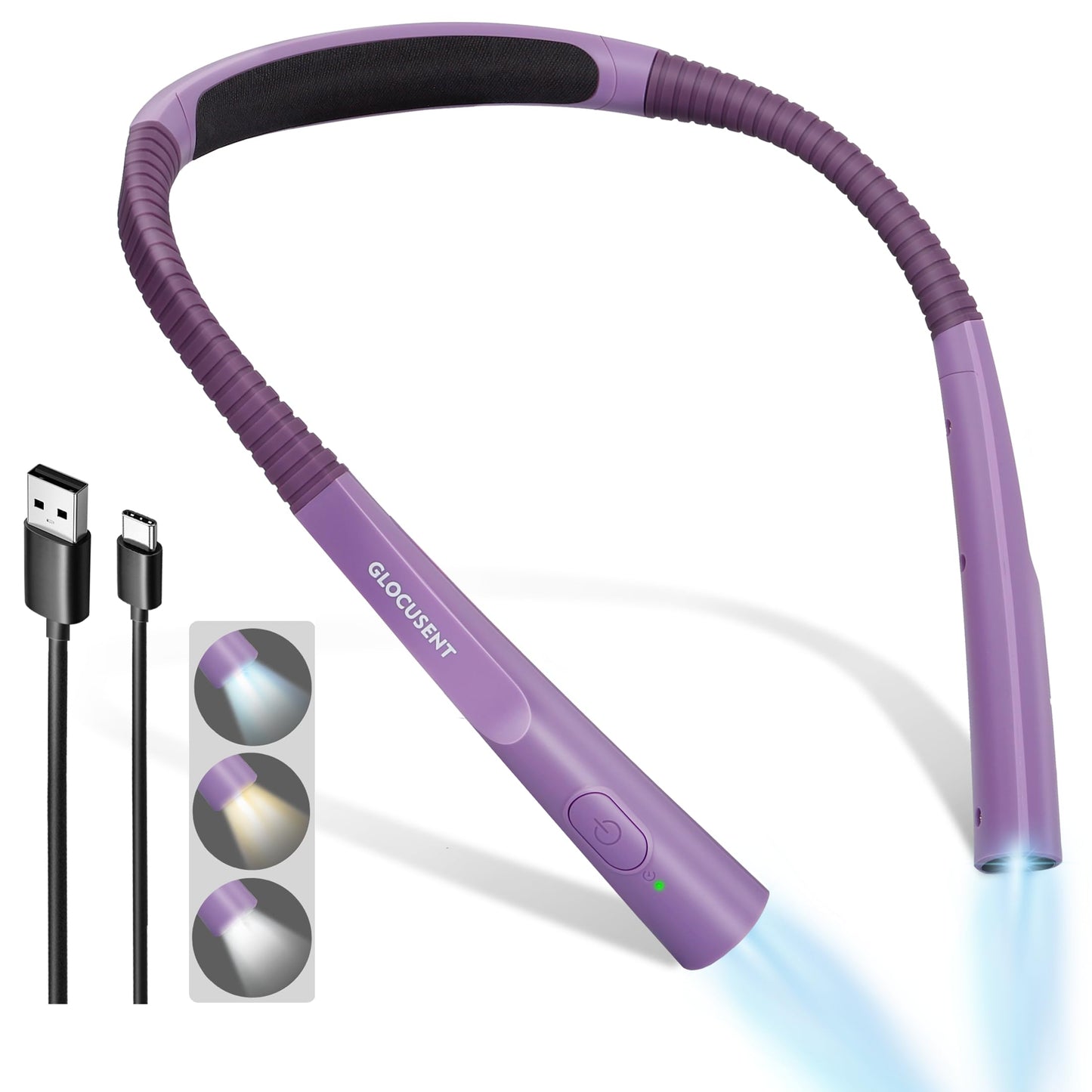 Glocusent LED Neck Reading Light, Rechargeable, 3 Brightness Levels, 30-min Timer, Purple, Model GLCSNTBL007
