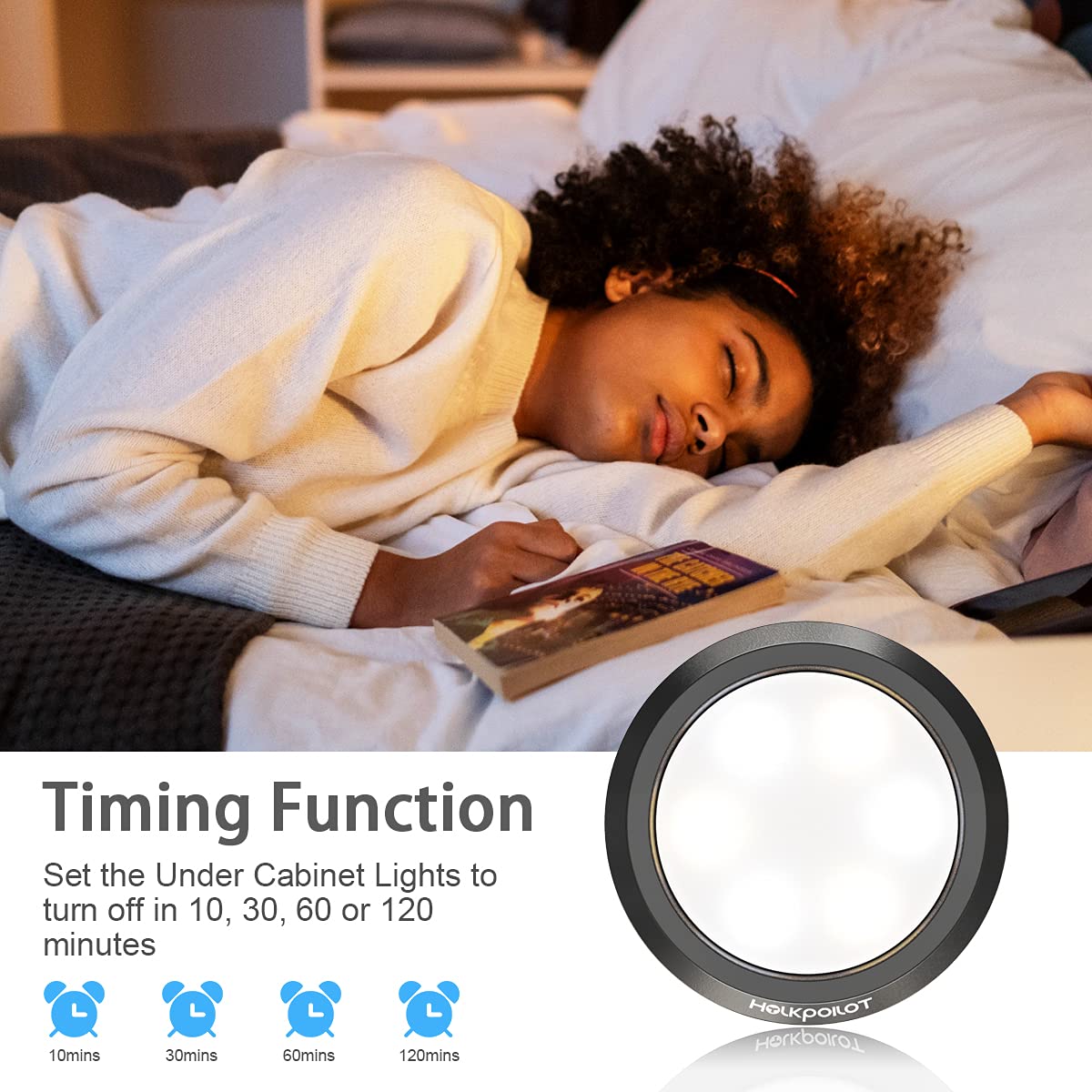 HOLKPOILOT LED Puck Lights with Remote Control, Dimmable, Battery Operated, 4 Pack, Black