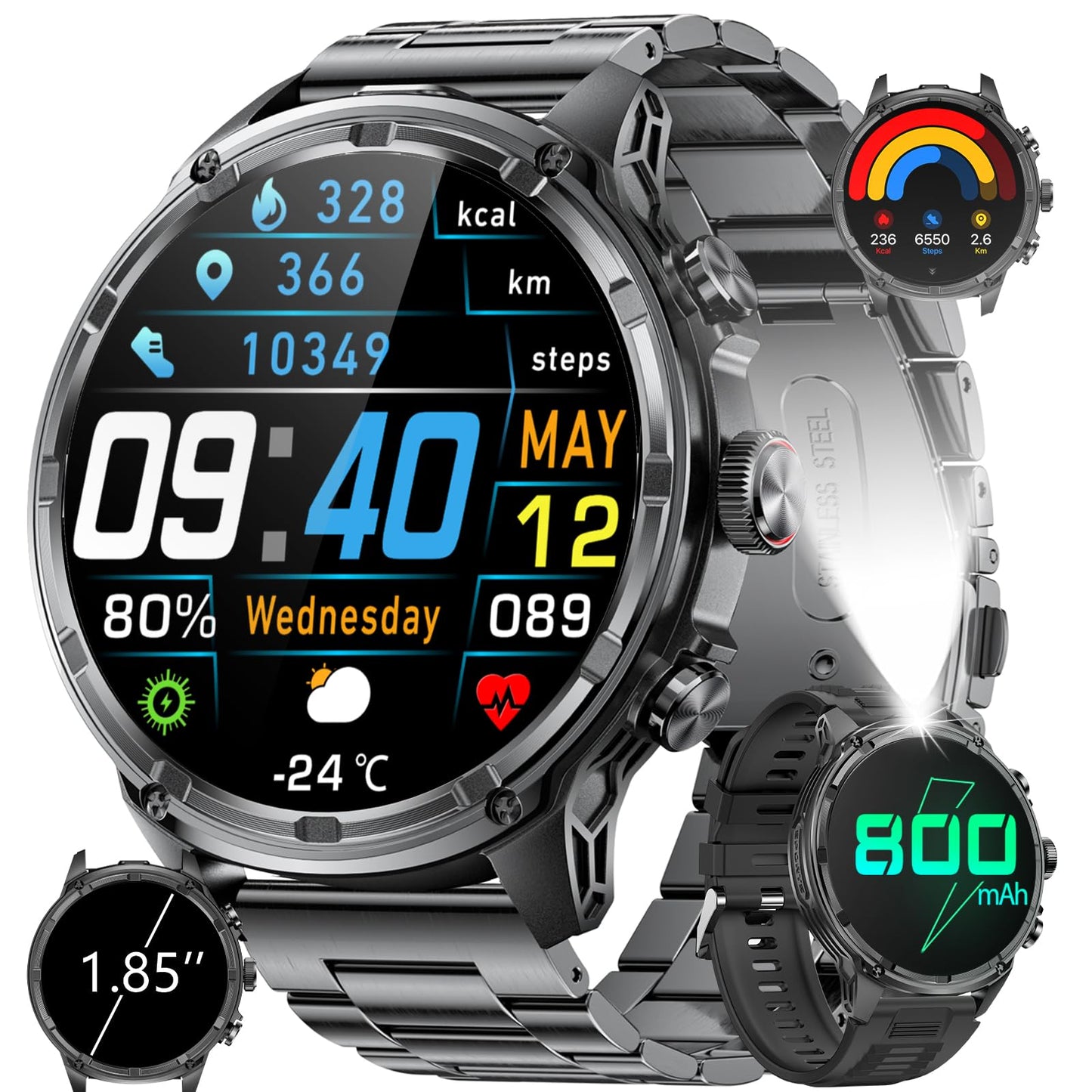HIRREO Smart Watches for Men (Bluetooth Call), 1.85" Extra Large Screen Smartwatch with LED Flashlight, 800mAh Extra-Long Battery, 100+ Sports Fitness Tracker Watch with Sleep for Android iOS
