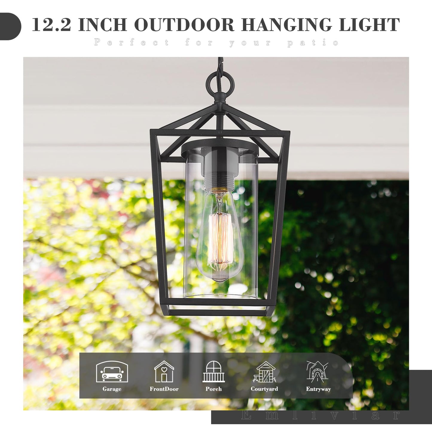 Emliviar Outdoor Pendant Light, 1-Light Hanging Lantern, Black Finish, Clear Glass, Model 20065H BK