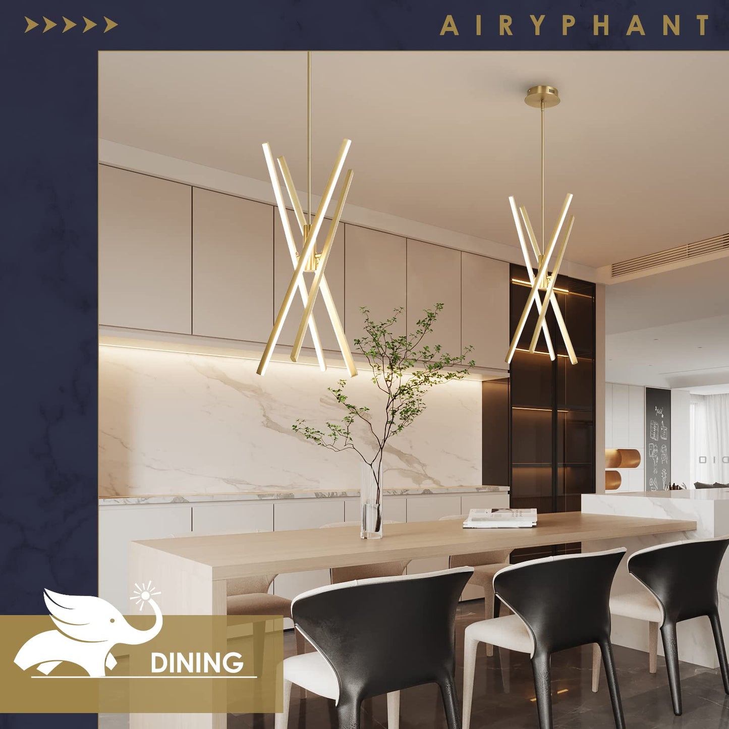 Airyphant Gold Modern Led Chandelier  Dimmable 4 Lights Ceiling Pendant Lighting For Dining Room Living Room Kitchen Island Bedroom Foyer 3000K/4000K/5000K 3Cct Selective  27.76In