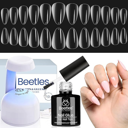 Beetles Gel Nail Kit Almond-500Pcs Gel Nails Tip Easy Extension Set Short Almond Shape 9 In 1 Nail Glue Extension Set Uv L...