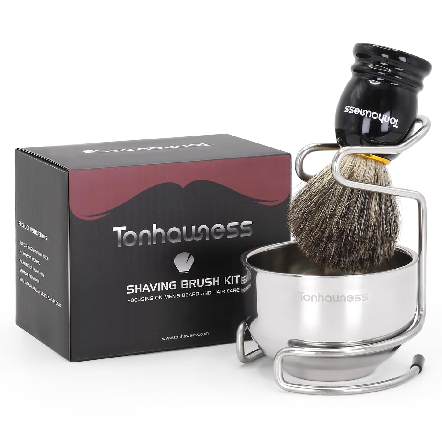 Shaving Brush Kit for Men, 3 in 1 Shave Brush Set Includes Pure Badger Hair Shaving Brushes, 3 Layers Stainless Steel Shaving Bo