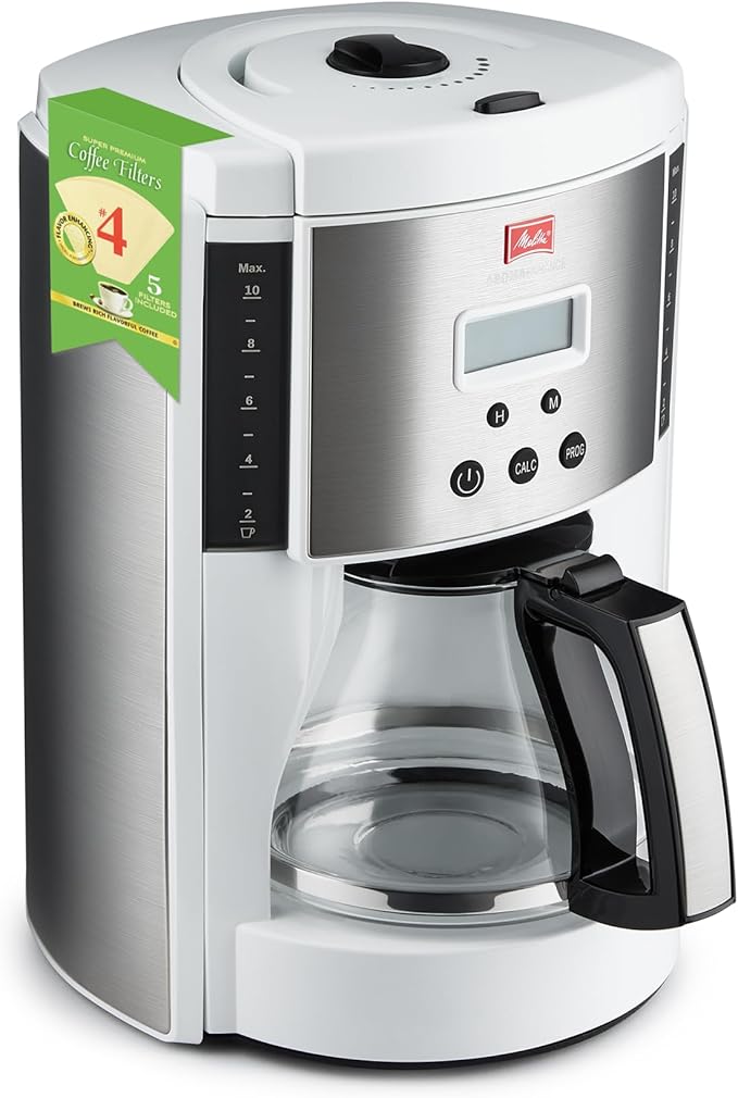 Melitta Vision 10-Cup Drip Coffee Maker, Automatic and Programmable, 96oz Capacity with 5-Pack Coffee Filters | White