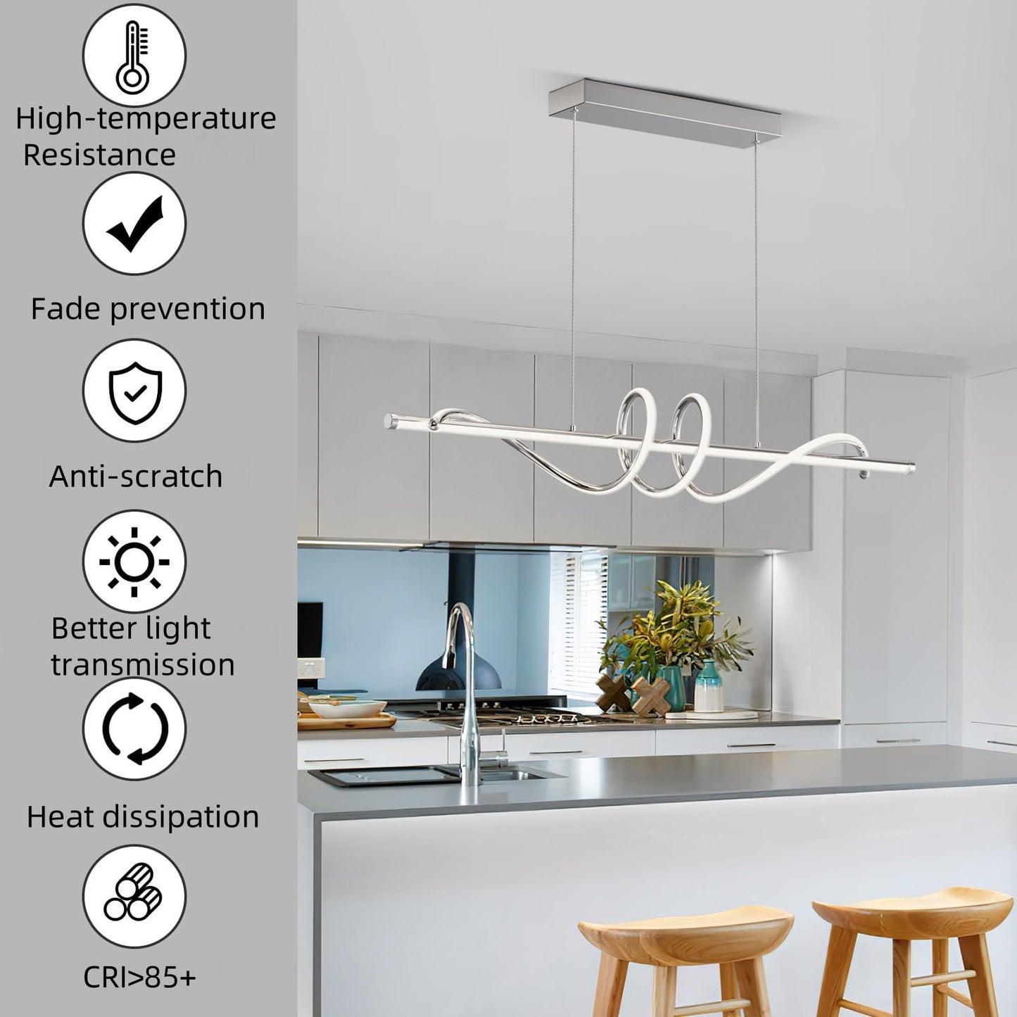 Zihoi Modern LED Pendant Light Fixture, Dimmable with Remote, 47in Aluminum, Adjustable Color 3000K-6000K, Chrome Silver