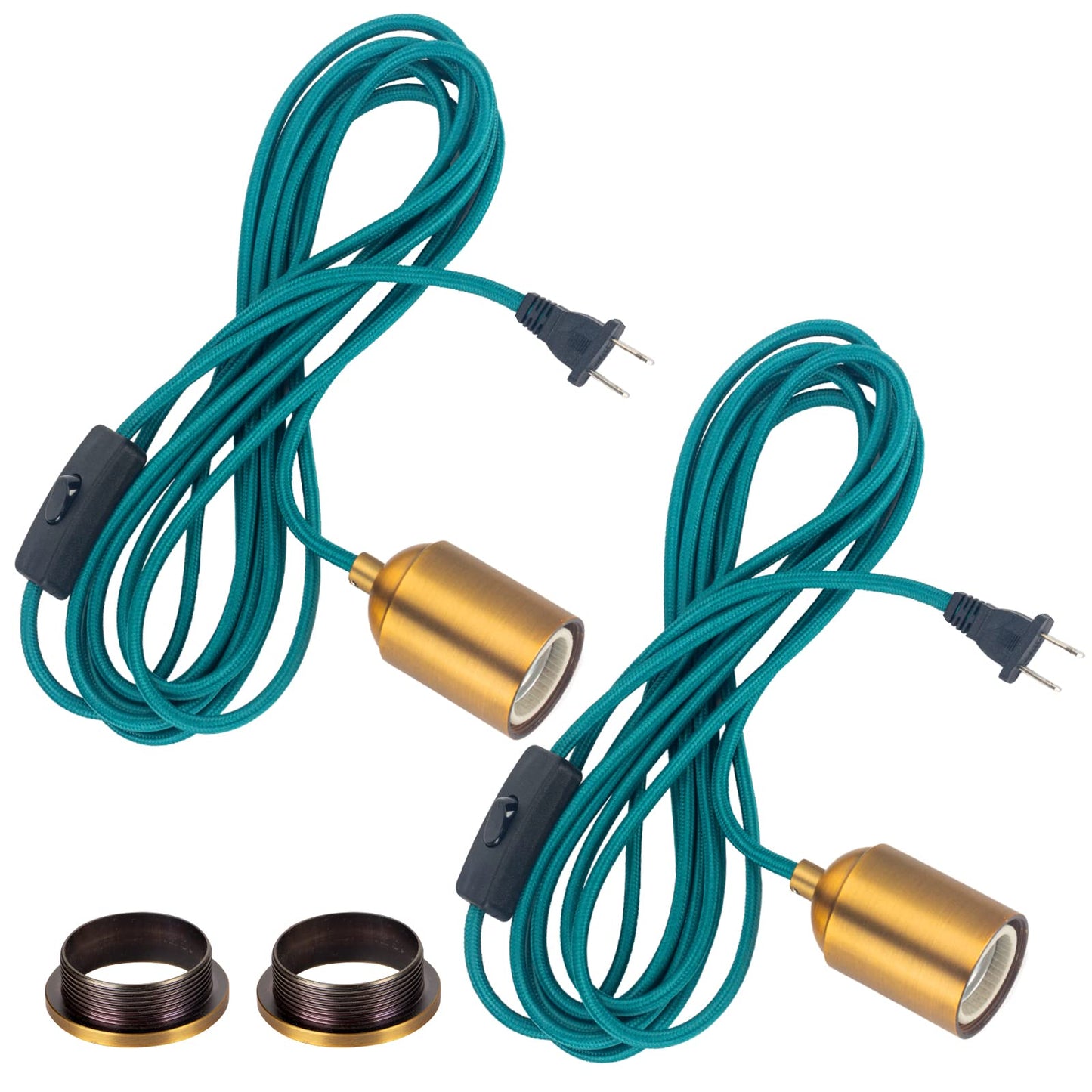 Hanging Light With Plug In Pendant Kit Cord Rope Lamp Bulb Socket Teal Exposed Lantern Fabric Cloth Switch Fixture With Braided Cords Industrial Porcelain Gold Holder Diy Swag Lighting 15Ft 2 Set