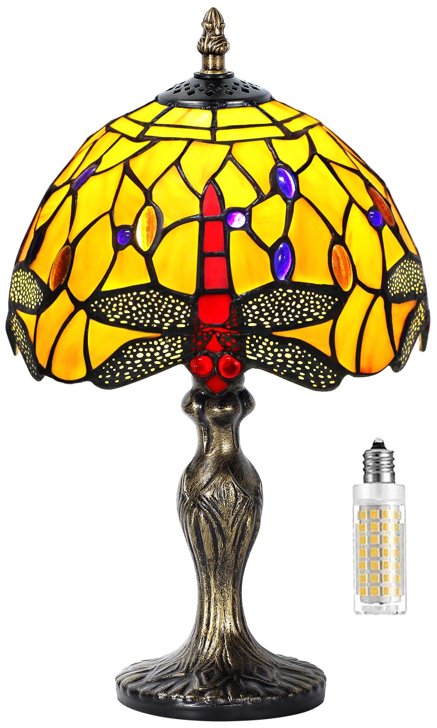 MIAOKE Stained Glass Table Lamp, Antique Dragonfly Design, Handmade Night Light for Living Room, Orange Color