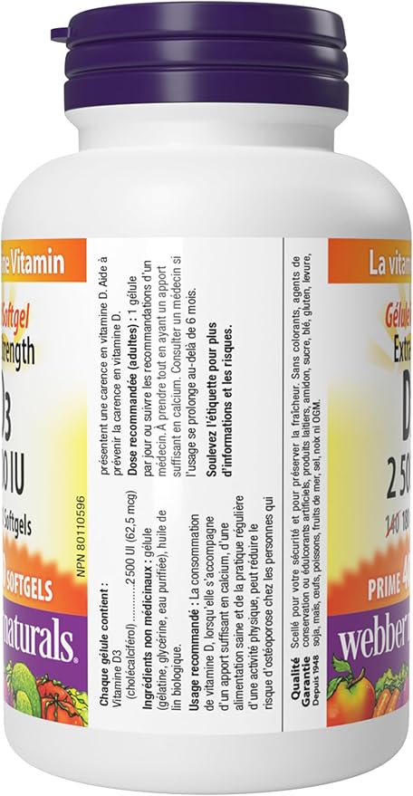 CONFETTIWOW Webber Naturals Vitamin D3 2,500 IU Extra Strength, 180 Softgels, for Healthy Bones, Teeth, and Helps Prevent Vitamin D Deficiency