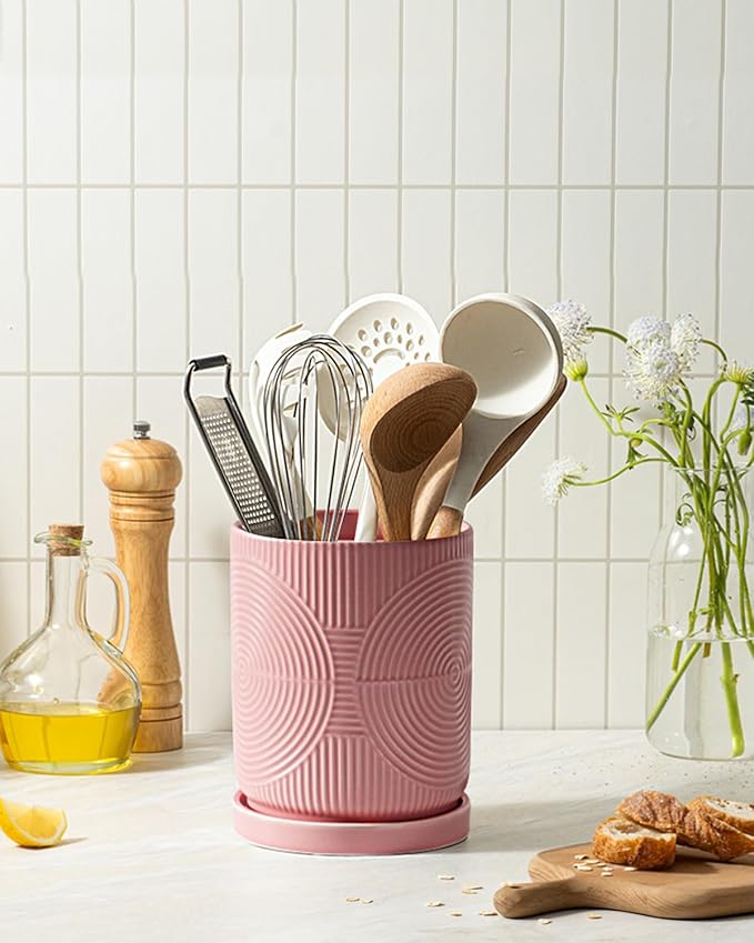 Utensil Holder, 7.2" Kitchen Utensil Holder for Counter, 2-in-1 Ceramic Cooking Utensils Holders with Spoon Rest, Utensil Crock for Spatula, Ideal Housewarming Gift(Pink)