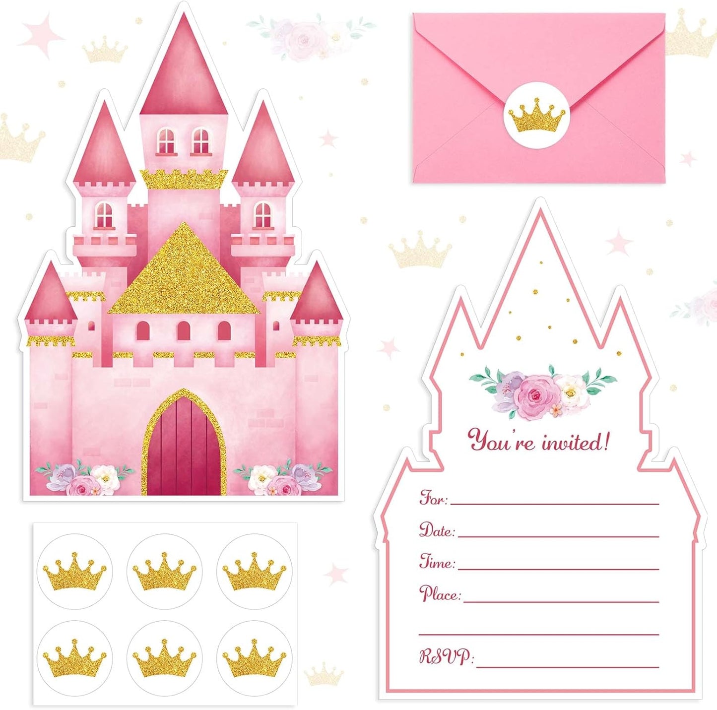 30 Sets Birthday Invitations with Envelopes Stickers Themed Invitations for Girl Boy Birthday Party Supplies Decoration (Pink Castles)