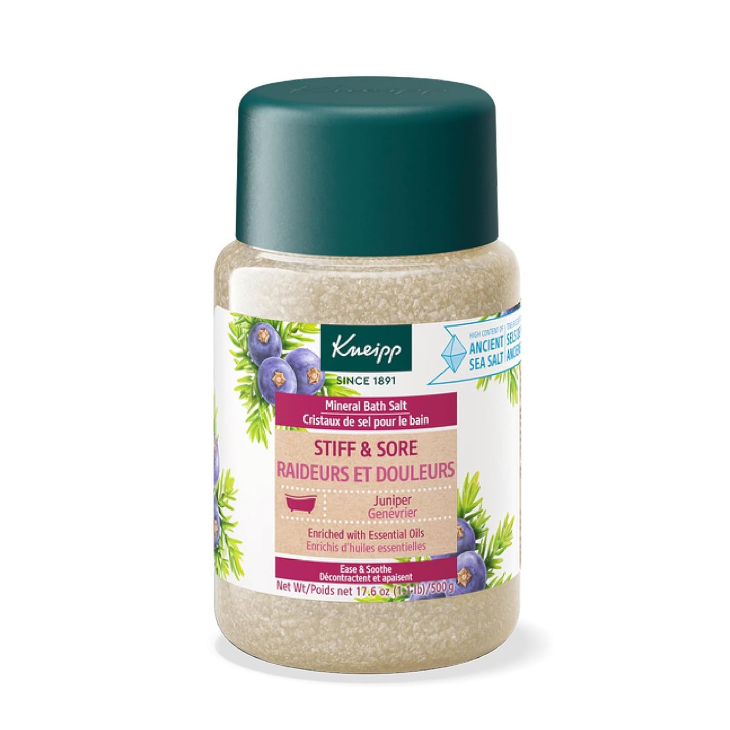 Kneipp Stiff & Sore Juniper Mineral Bath Salt with Wintergreen & Rosemary - 17.6 oz - Up to 10 Baths