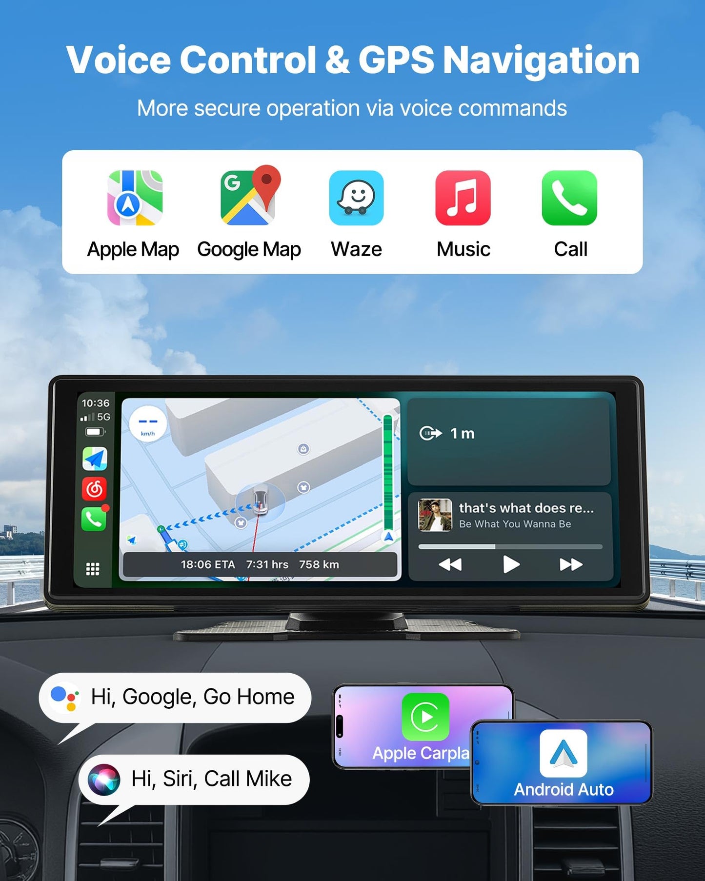 Vevor Wireless Car Stereo, 10-Inch Hd Portable Radio Touch Screen Compatible With Apple Carplay And Android Auto, Carplay Screen