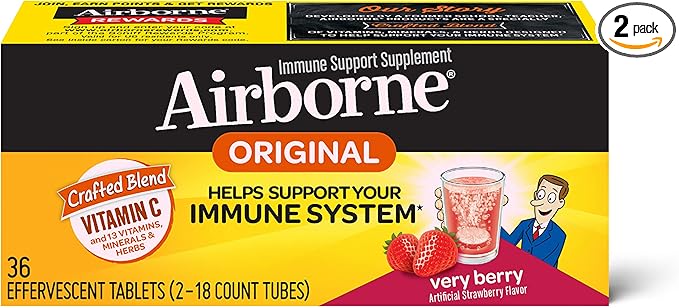 Vitamin C 1000mg (per serving) - Airborne Very Berry Effervescent Tablets (36 count in a box), Gluten-Free Immune Support Supplement, With Vitamins A C E, ZINC, Selenium, Echinacea & Ginger