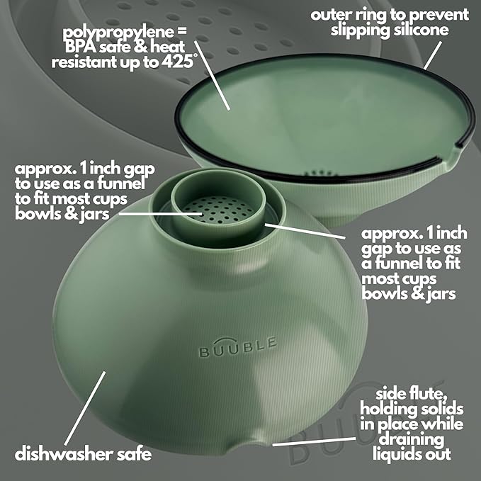 Ultimate Grease Drainer & Food Strainer (SAGE) Premium Heat-Resistant Colander for Bacon, Ground Beef, Pasta & Veggies; Fits Pans, Cans & Jars; Dishwasher Safe