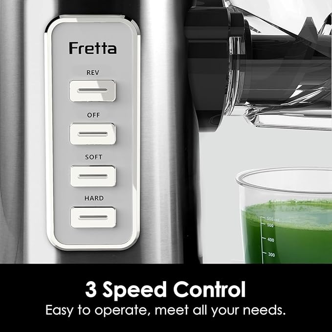 Fretta Masticating Slow Juicers,3-inch Wide Feeding Chute Cold Press Juicer,Celery Juicer, Juicer Machines Vegetable and Fruit,Juice Recipes Included,2 Speed,BPA-Free,Easy Clean,200W (Stainless Steel)