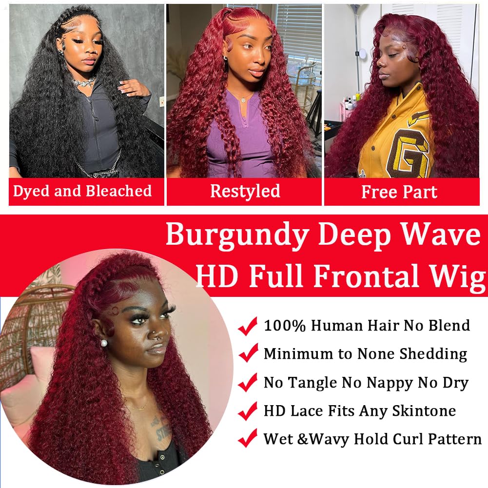Simeider 34 Inch 13x6 Burgundy Lace Front Wigs Human Hair Deep Wave Red Frontal Deep Wave HD Lace Front Wigs Human Hair Red Burg