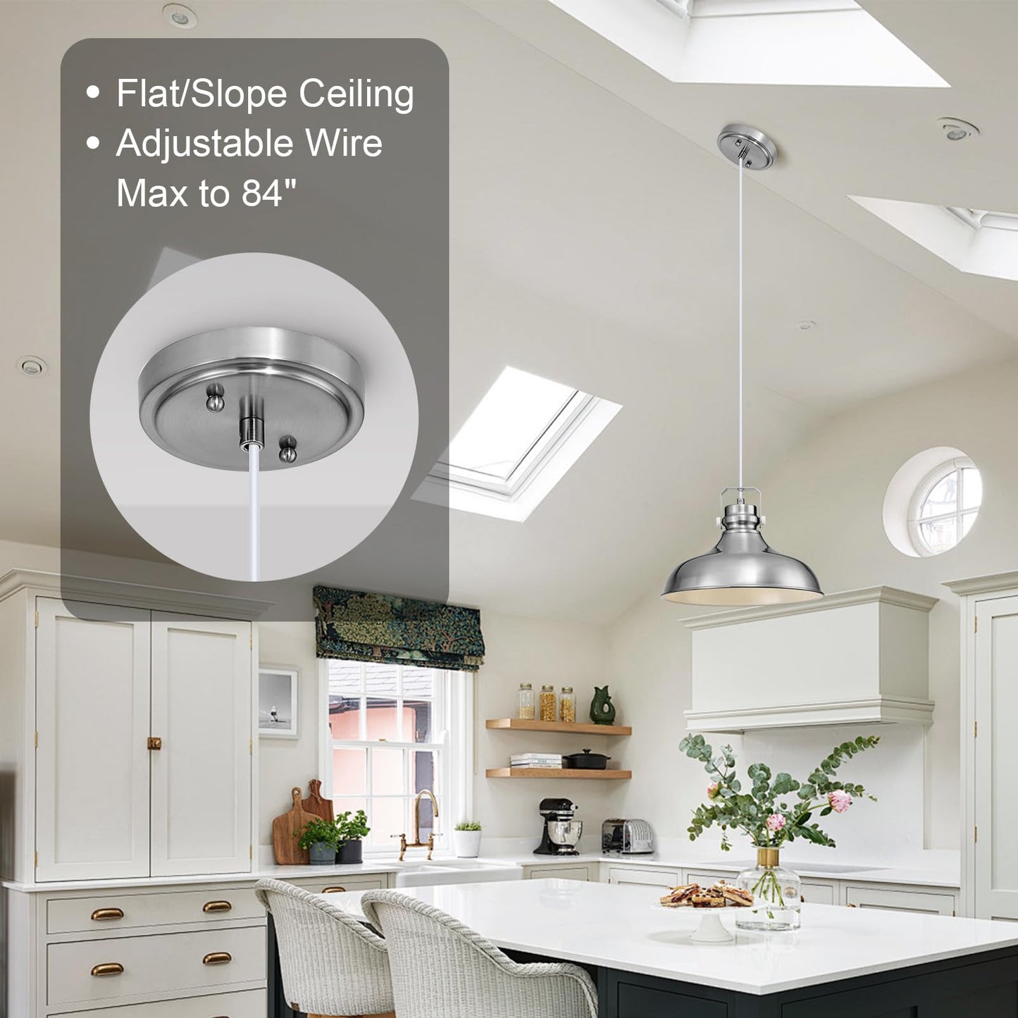 Alaislyc Brushed Nickel Farmhouse Pendant Lights Matte Pendant Lighting For Kitchen Island Industrial Adjustable Height Vintage Dome Hanging Light Fixtures For Barn  Dining Room 1 Pack