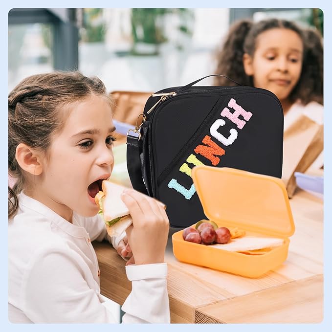 Lunch Bag Kids,Insulated Lunch Bag With Adjustable Shoulder Strap,Reusable Lunch Bag for Kids, Girls,Boys, lunch Bag Women,Preppy Lunch Box for School,Travel, Picnic (black)