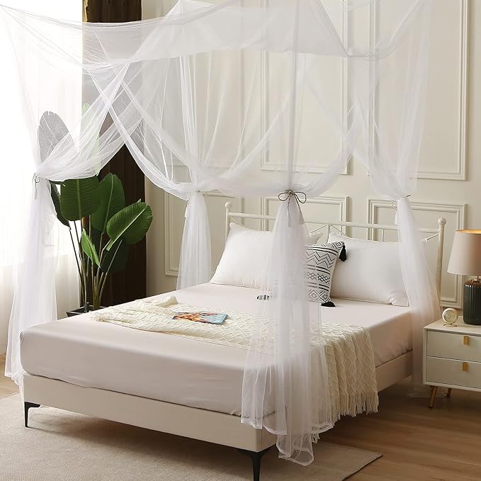 VISATOR Mosquito Net Bed Canopy, 4 Corner Post Canopy Bed Curtains with 4 Hanging Hooks, 30ft Tether and 4 Tassel Hanging Pendants for Full/Queen/King Size